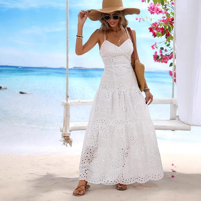 Jacquard Embroidered White Long Dress, Slim Fit Lace Sleeveless Camisole Dress, Sexy and Elegant Versatile High-Waisted Dress Jacquard Embroidered White Long Dress, Slim Fit Lace Sleeveless Camisole Dress, Sexy and Elegant Versatile High-Waisted Dress