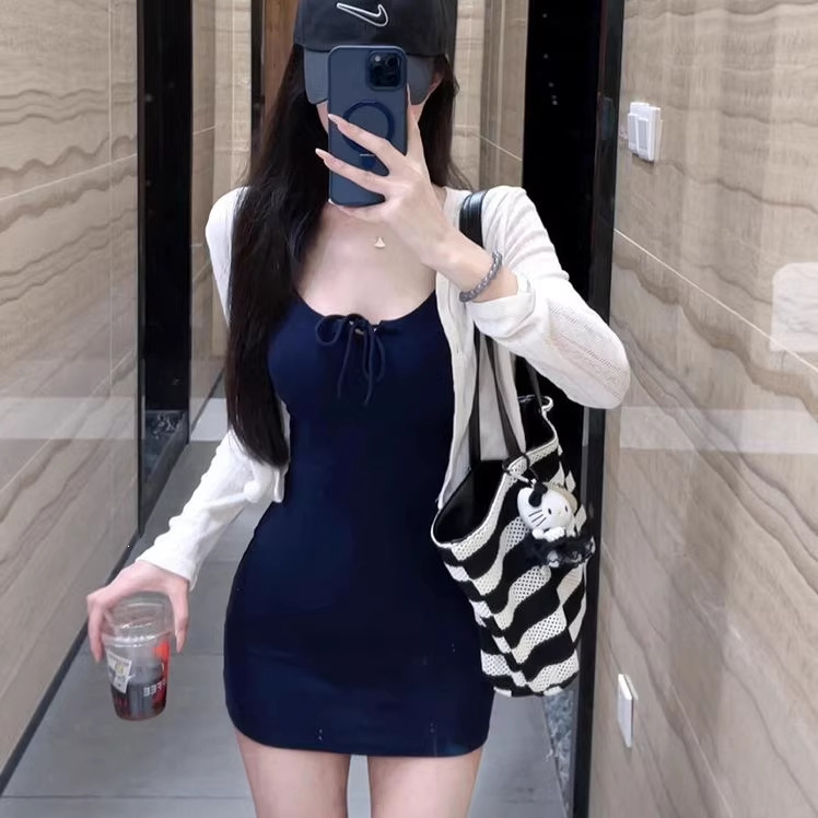 2026 Petite Spicy Girl Spaghetti Strap Dress for Women, Summer Pure Desire Slim Fit Bodycon Short Dress Two-Piece Set