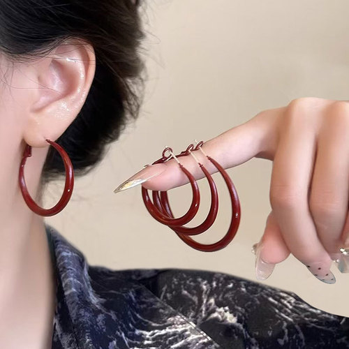 Ancora red plain hoop earrings, high-end exaggerated earrings, 925 silver needle earrings, Hong Kong style retro earrings for women