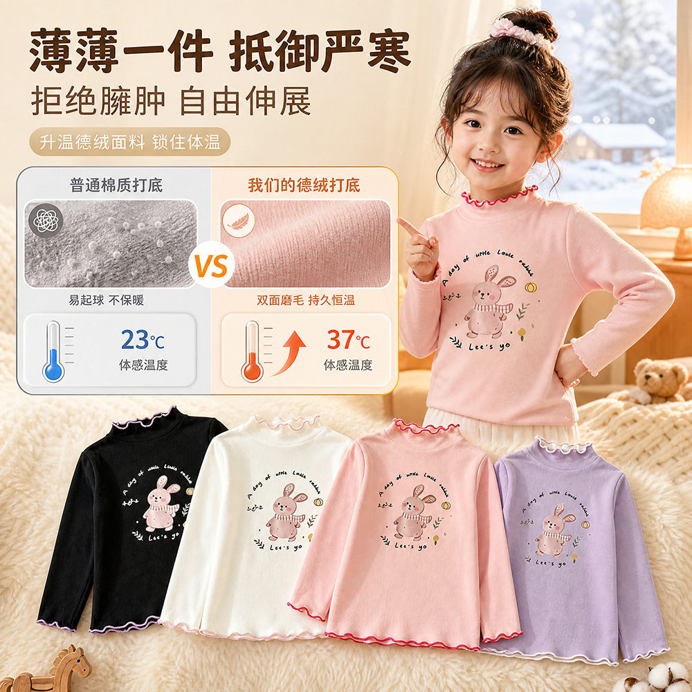 2026新款女童卡通打底衫秋冬德绒保暖木耳边上衣儿童条纹长袖T恤