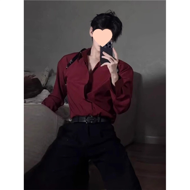 Thin, Minimalist Style Burgundy Shirt for Men, Long-Sleeved, Spring and Autumn, Ice Silk, Loose Drape, Shirt Jacket