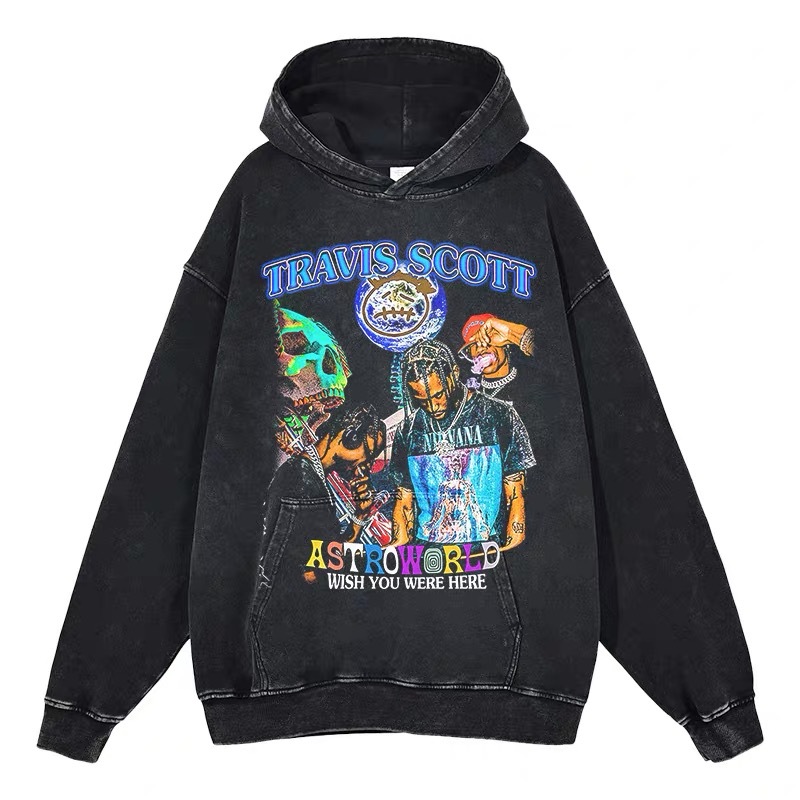 Eminem Travis Scott Tupac XXX American Hip Hop Rap Vintage Imprint Water Washed Hooded Sweater