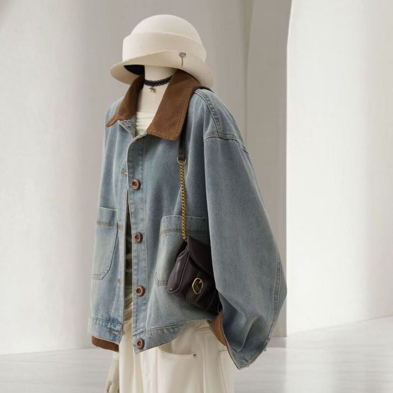 Contrast Color Stitching Lapel Short Denim Jacket Women's Fashion New Retro Denim Blue Petite Jacket Top