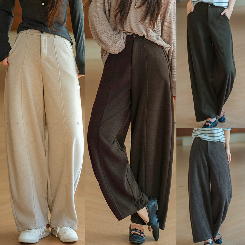 2026 Autumn One-Button Semi-Elastic Waist Three-Dimensional Center Seam Slimming Wide-Leg Straight Wool Curved Balloon Casual Pants