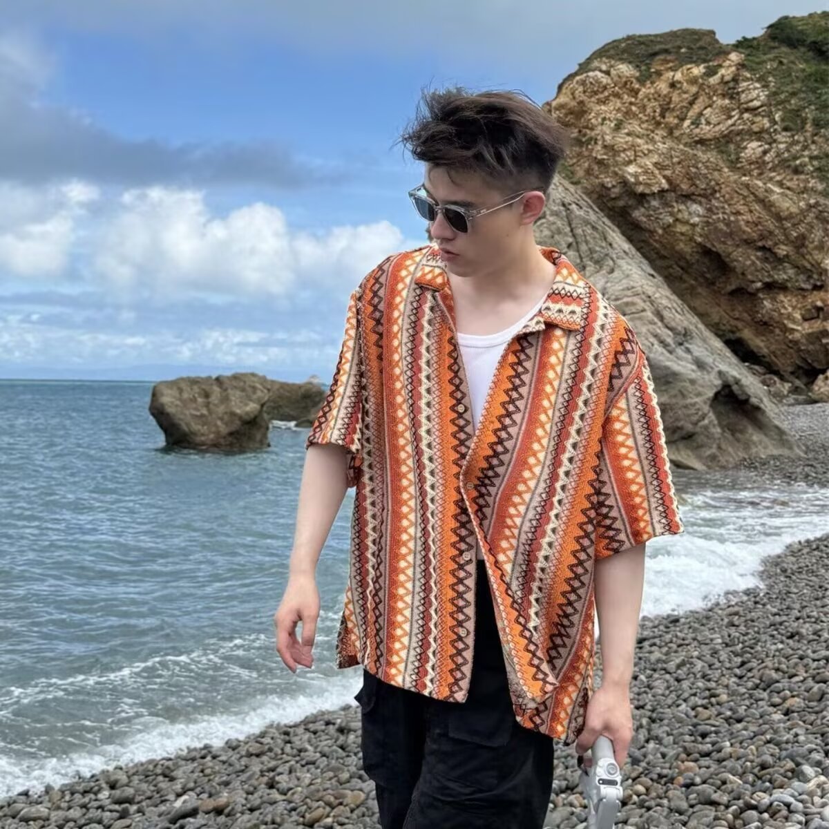 Wukong Youhuo Retro Ethnic Style Hollow-out Woven Cuban Collar Shirt Men's Summer Color Block Design Short-sleeved Shirt