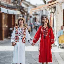 度假连衣裙云南西藏民族风长刺绣棉麻白出游仙旅行女装新款亚马逊