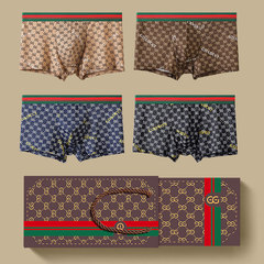 潮流印花冰絲男士內褲批發四角褲頭輕奢透氣網孔抑菌平角褲禮盒裝