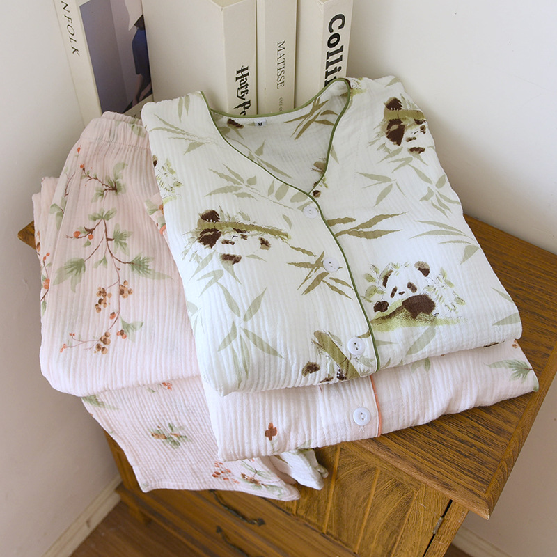 가슴 패드가 달린 잠옷 여성의 V-NECK 면 더블 레이어 면 원사 긴 소매 바지 얇은 2 피스 홈 옷 봄과 여름