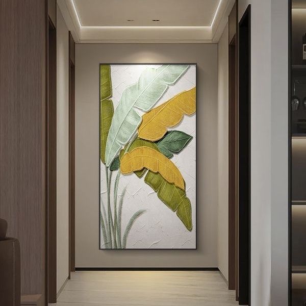 雪川手绘油画大叶有成走廊过道挂画简约壁画立体肌理感玄关装饰画