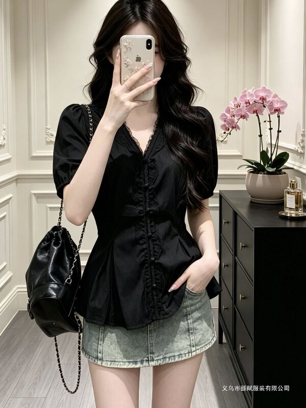 Korean-Style Sweet Lace Patchwork Collar Short-Sleeved Shirt, New Summer Style, Waist-Cinching, Age-Reducing, Fashionable, Plus-Size, Thin Top