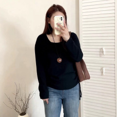 【包邮】大码女装休闲百搭方领上衣2025秋胖mm宽松侧边抽绳针织衫