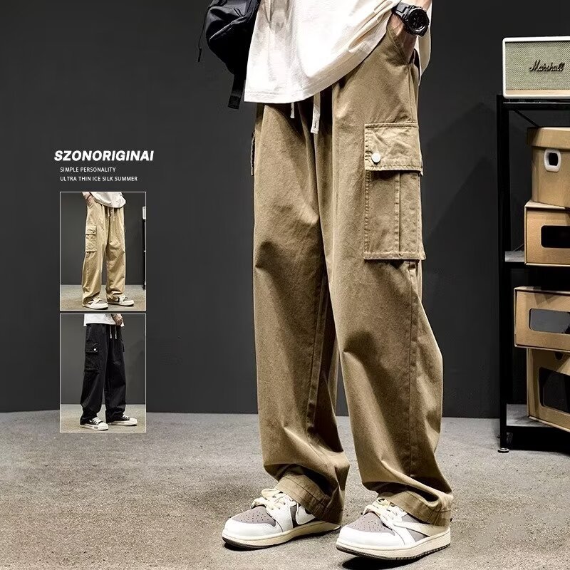 Overalls Men's American Style Retro Functional Casual Pants Trendy Brand Spring and Autumn Japanese Style Wide Leg Straight Wood Cutting Pants