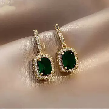 925 Silver Needle Green Emerald Rhinestone Small Simple Cold Style Temperament Diamond Geometric Square Earrings Earrings - ShopShipShake