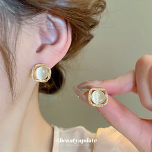 真金电镀银针方形猫眼石锆石耳钉轻奢时尚百搭耳环气质高级感耳饰