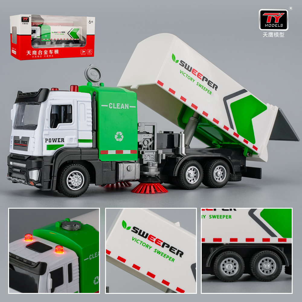 Tianjing simulación aleación coche modelo 1:32 ciudad saneamiento Pull-back barredora sonido y luz juguete coche música modelo adornos
