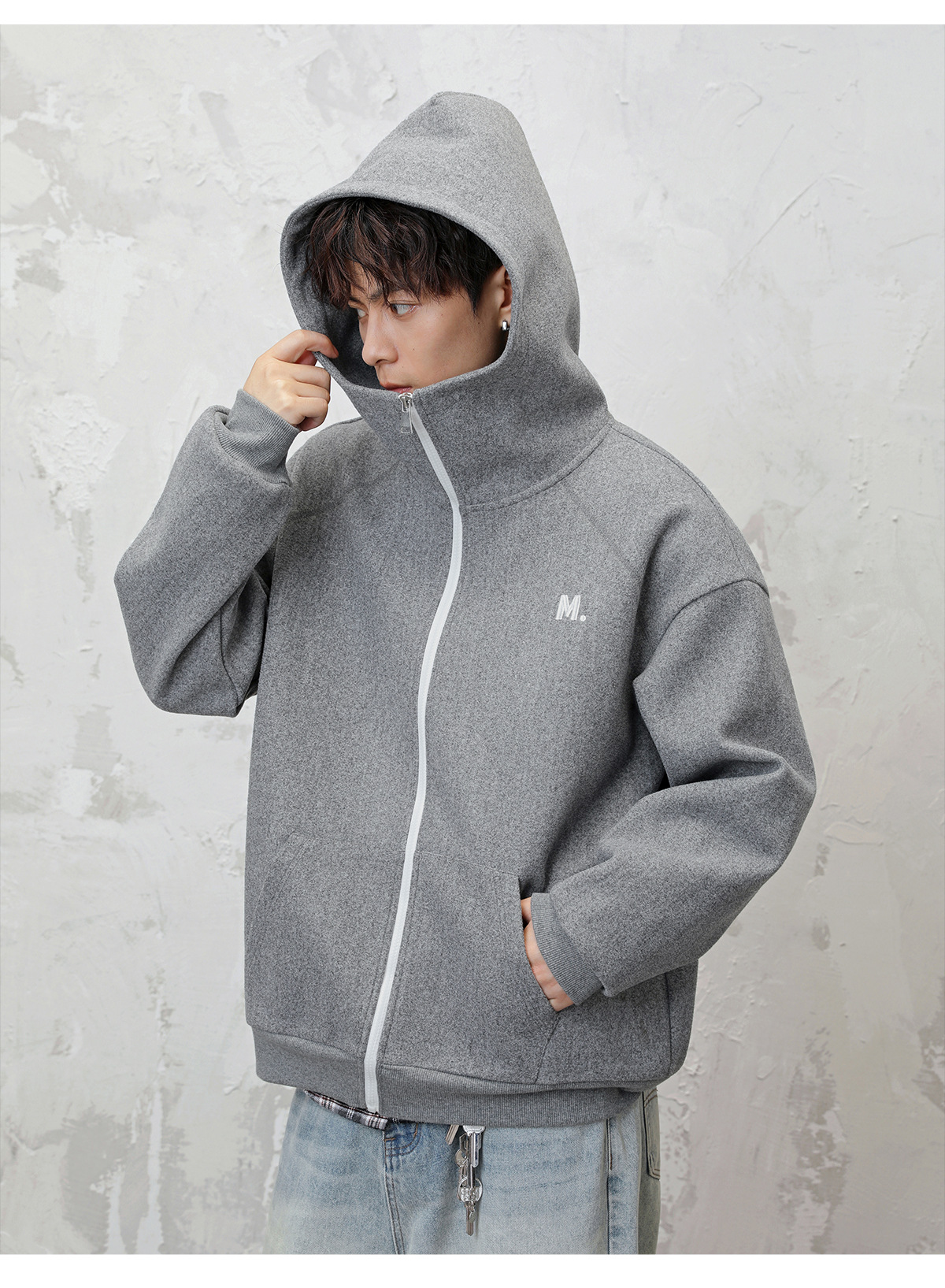 Monochrome Man- Heavy Woolen Hooded Sweatshirt Autumn Style American Retro Color-Block Zipper Cardigan Jacket Textured Thickened Hoodie_viptrois.com