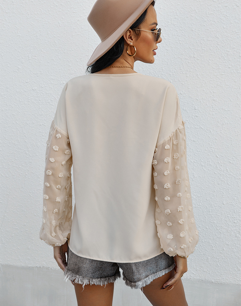 Stitching Long-Sleeved V Neck Solid Color Top NSDY114688