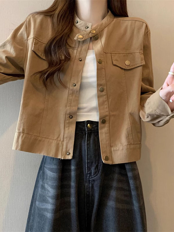 大码胖mm美式立领夹克外套女春秋2025新款爆款工装风正肩短款上衣|undefined