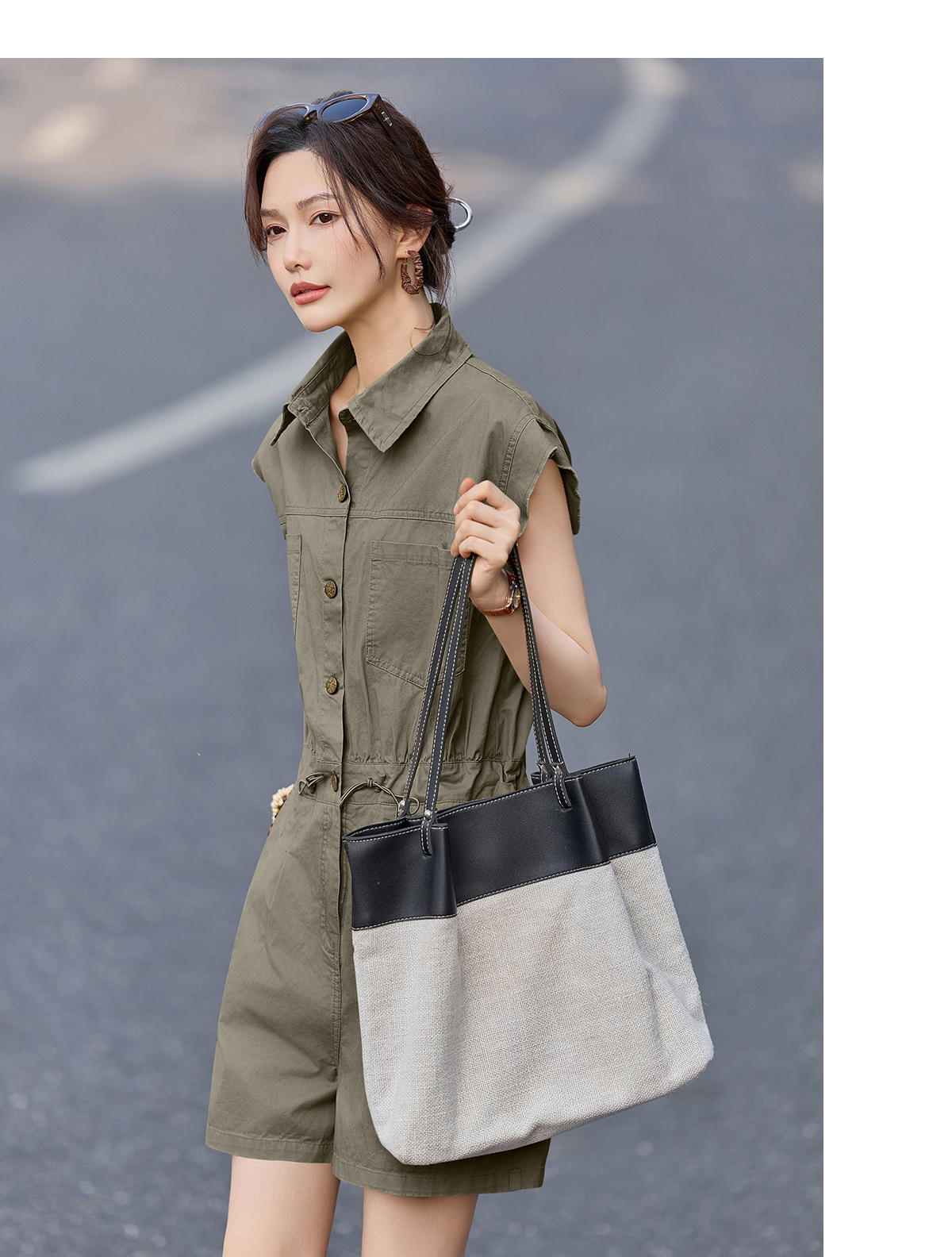 Jumpsuit nữ dáng suông tay ngắn phong cách công sở cổ điển — Quân đội xanh, màu kaki chi tiết 23