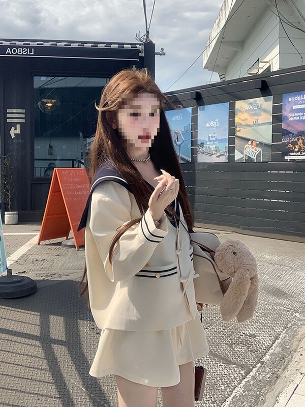 Sea Soul Preppy Big Lapel Bow Jacket + Lace Striped Vest Two-Color Fashionable Chic Suit