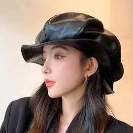 韩版新款pu皮气质百搭云朵八角帽子女秋冬季出游时尚显脸小画家帽