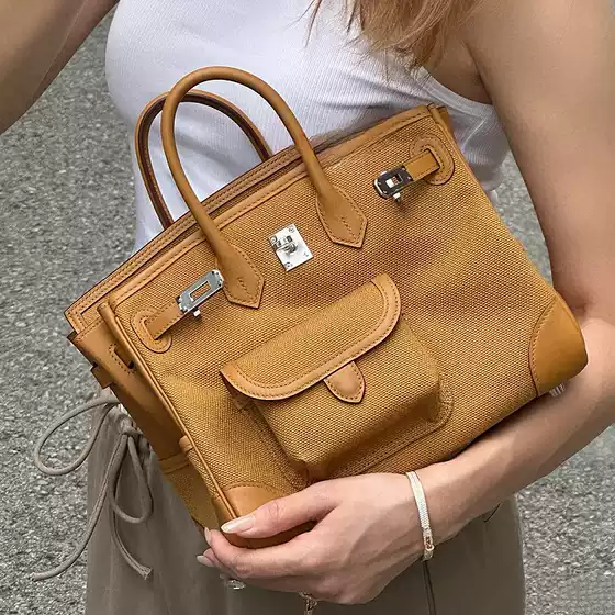 2026 New Canvas Birkin Bag with Swift Leather Pockets - Top Handle, Shoulder, and Crossbody Bag for Women - Fashionable