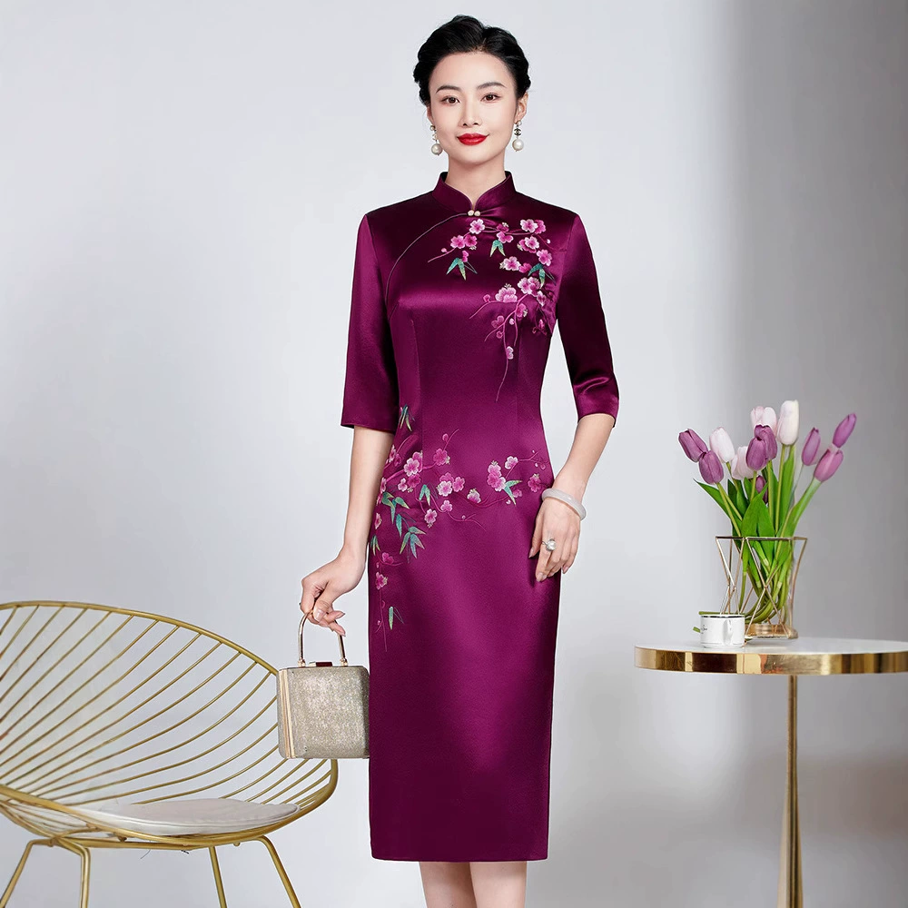 Ацетатное атласное модифицированное свадебное платье с воротником-стойкой для свекрови, элегантное фиолетовое платье выше колена с вышивкой для свекрови