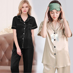 女家居服冰丝 短袖长裤 仿真丝开衫翻领女士睡衣 纯色春夏季新款