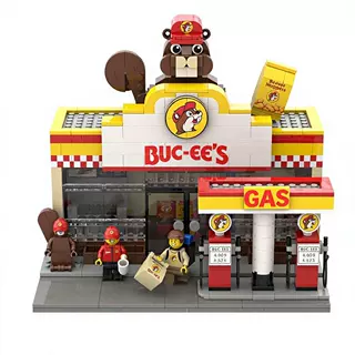 积木拼装Buc-ee's加油站模型儿童益智玩具微颗粒建筑摆件跨境批发