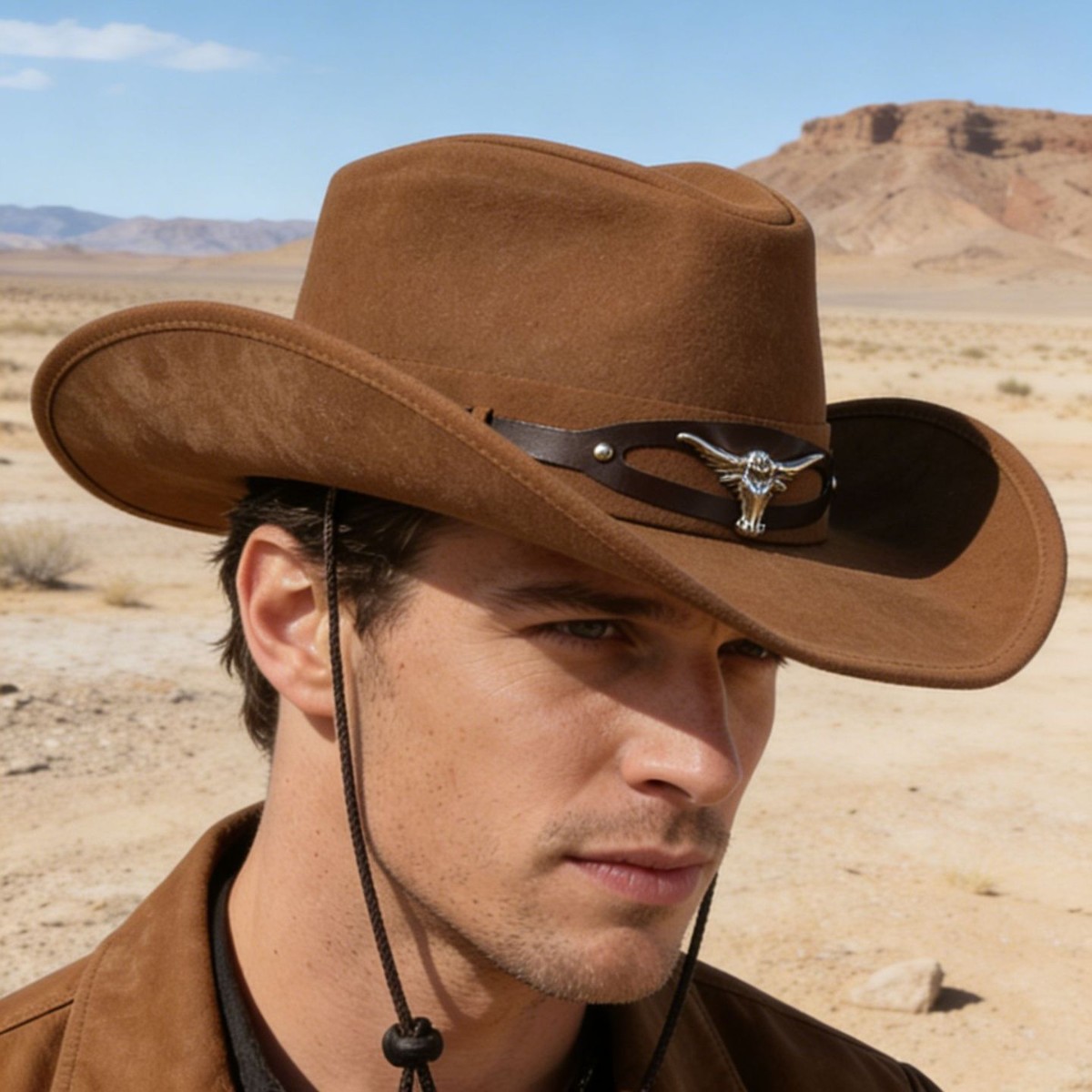 Western Cowboy Hat Men's Large Brim Sun Hat Outdoor Riding Sun Protection Sun Hat with Bull Head Decoration Retro Casual Travel