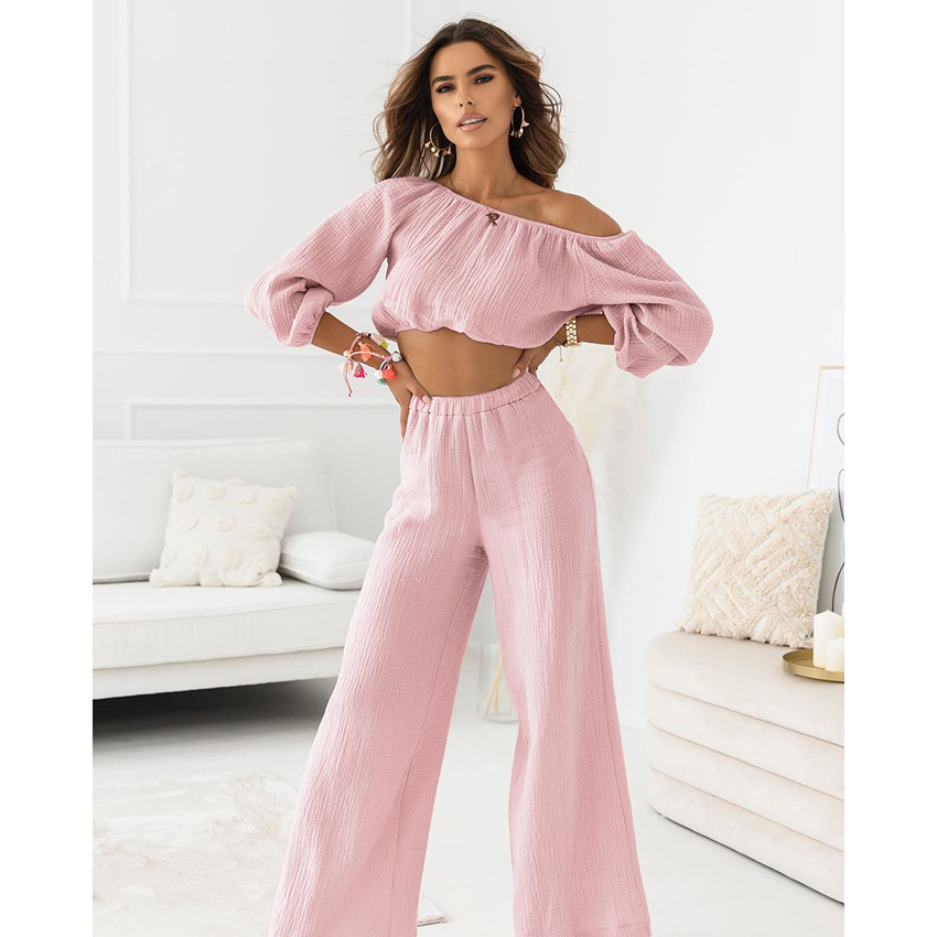 solid color Double-layer Gauze Cotton Lantern Sleeves crop top and pants loungewear Set NSMSY139237