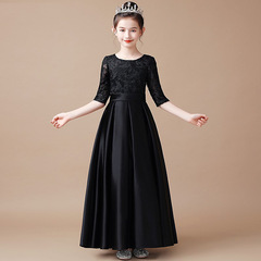 Black little girl princess dress for big children fashion show piano performance violin performance uniform for children's orchestra choir