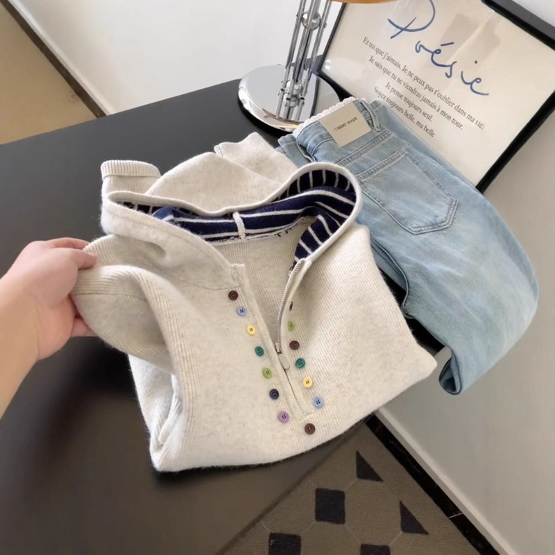 Korean Style Lazy Style Colorfulful Button Half-Zip Hooded Sweatshirt for Women Autumn and Winter New Design Versatile Knitted Sweater