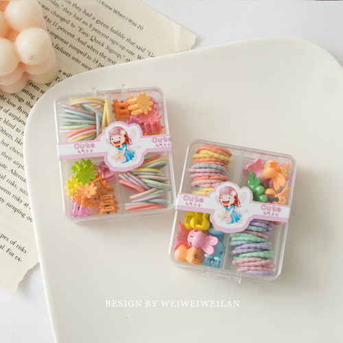 New boxed children's finger ring and small gripper combination, simple and versatile, candy-colored, daily basis, not harmful to hair