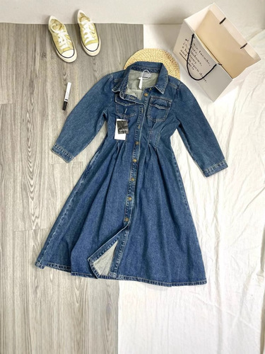 Laixi denim dress, trendy, slimming, loose waist, medium and long retro 7002 long-sleeved, artistic retro