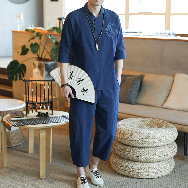 2024 Летний новый мужской повседневный средний рукав костюм китайский стиль брюки Juisfu Hanfu набор мужской одежды оптом