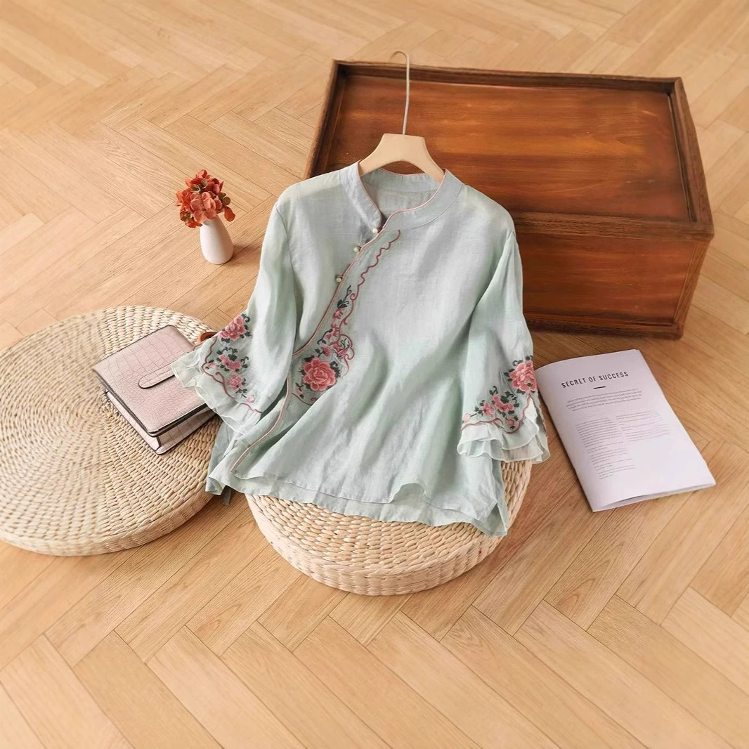 Женская хлопковая и льняная вышивка скатная пуговица национальный стиль новый национальный топ ретро литературный летний чай костюм рубашка с рукавами