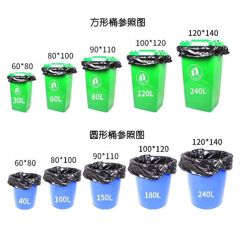 Bolsa de basura negra de gran capacidad, engrosada y resistente, ideal para hoteles, hospitales o propiedades comerciales.