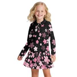 春季女孩长袖POLO裙儿童网球棒球运动裙子樱花花卉印花女童连衣裙