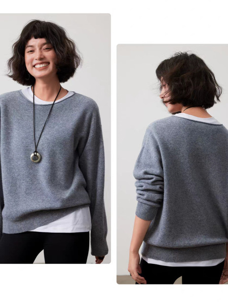 Cashmere woolen knitted solid sweater with a round collar