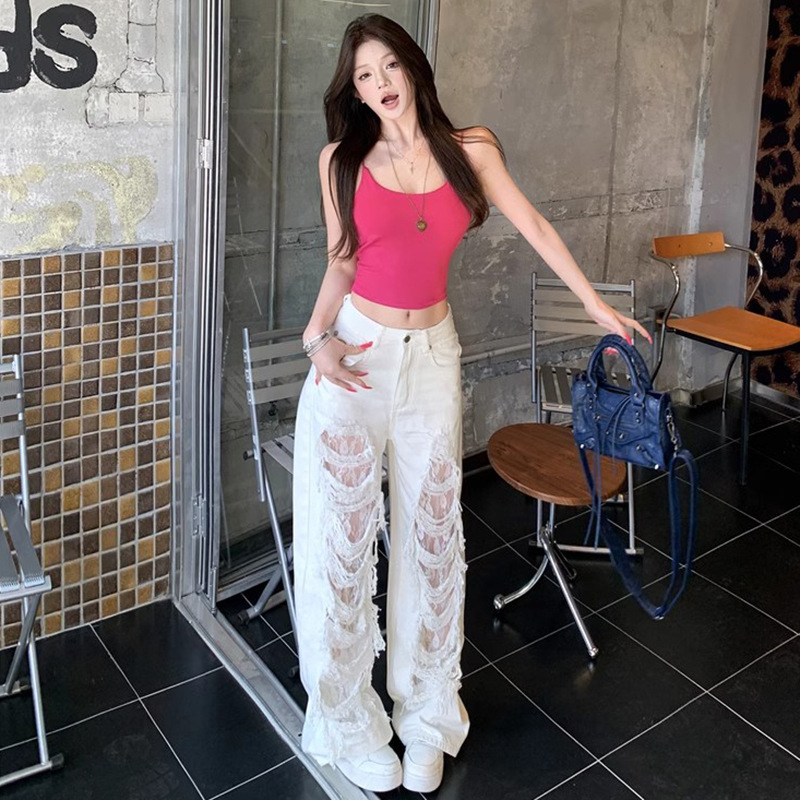 Lace Stitching Ripped Wide Leg Jeans Women's 2025 Summer New Loose Design Sense High Waist Straight Pants