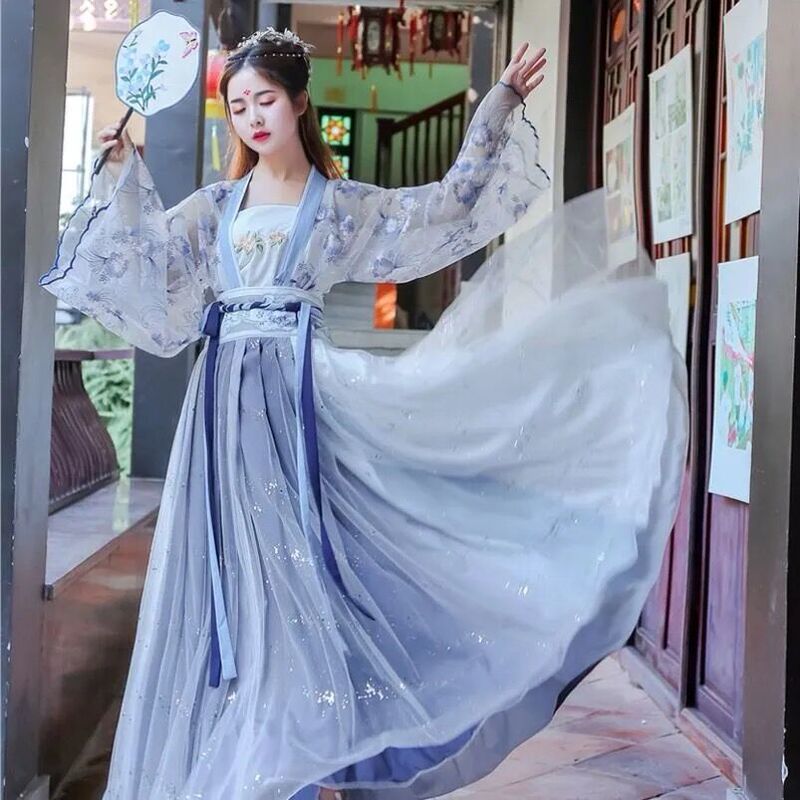 Hanfu Super Fairy Original Traditional Hanfu for Women with Embroidered Floral Double-Breasted Long Sleeve Shirt and Improved Chest-Length Fairy Skirt