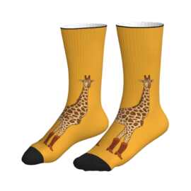 POD印花跨境暖姜黄底色穿长靴长颈鹿趣味中筒袜