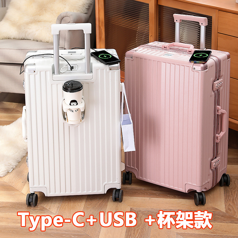New multifunctional cup holder luggage case universal wheel aluminum frame trolley case PC hard case USB charging suitcase New multifunctional cup holder luggage case universal wheel aluminum frame trolley case PC hard case USB charging suitcase