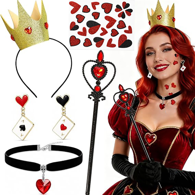Halloween Red Queen Accessory Set: Golden Crown, Scepter, Playing Cards, Earrings, Necklace, Face Stickers, Party Props Halloween Red Queen Accessory Set: Golden Crown, Scepter, Playing Cards, Earrings, Necklace, Face Stickers, Party Props