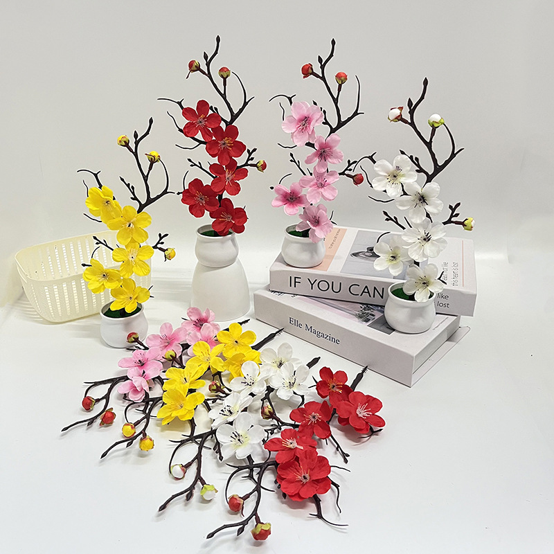 Small Wine Jar Artificial Flower Wintersweet Bonsai Artificial Home Desktop Silk Wintersweet Potted Plant Chinese-Style Fake Flower Decorative Ornament