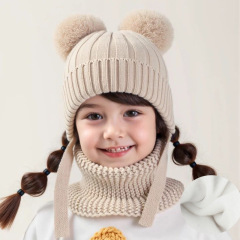 2025 新しい子供用帽子とスカーフセット秋と冬プラスベルベット暖かいダブルボール屋外防寒帽子男性と女性の赤ちゃん用