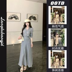 カーキレトロ気質Vネック長袖シャツレディース夏カジュアルスーツハイウエストAラインスカートツーピースセット