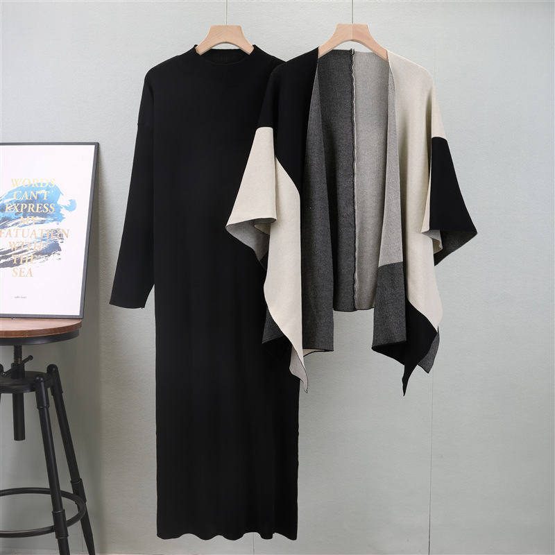 Women's Clothing 2024 knitted suit autumn and winter new contrast color cape shawl + half high collar knitted dress two piece suit_voghion.com