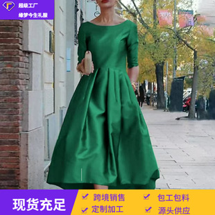 歐洲站晚禮服2025新款蓬蓬裙綠色短袖A字型演出服音樂會獨唱禮服